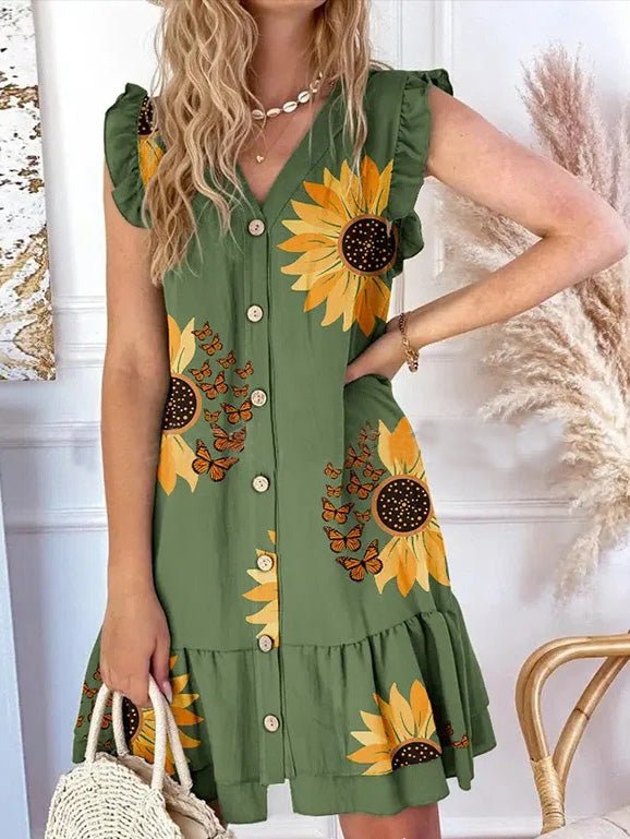 Women's Dresses V-Neck Sunflower Print Button Ruffle Sleeve Dress - Mini Dresses - Instastyled | Online Fashion Free Shipping Clothing, Dresses, Tops, Shoes - 10/06/2022 - Color_Green - DRE2206104410