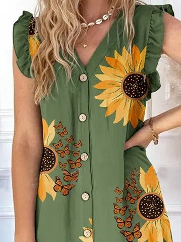 Women's Dresses V-Neck Sunflower Print Button Ruffle Sleeve Dress - Mini Dresses - Instastyled | Online Fashion Free Shipping Clothing, Dresses, Tops, Shoes - 10/06/2022 - Color_Green - DRE2206104410