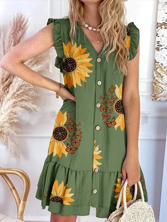 Women's Dresses V-Neck Sunflower Print Button Ruffle Sleeve Dress - Mini Dresses - Instastyled | Online Fashion Free Shipping Clothing, Dresses, Tops, Shoes - 10/06/2022 - Color_Green - DRE2206104410