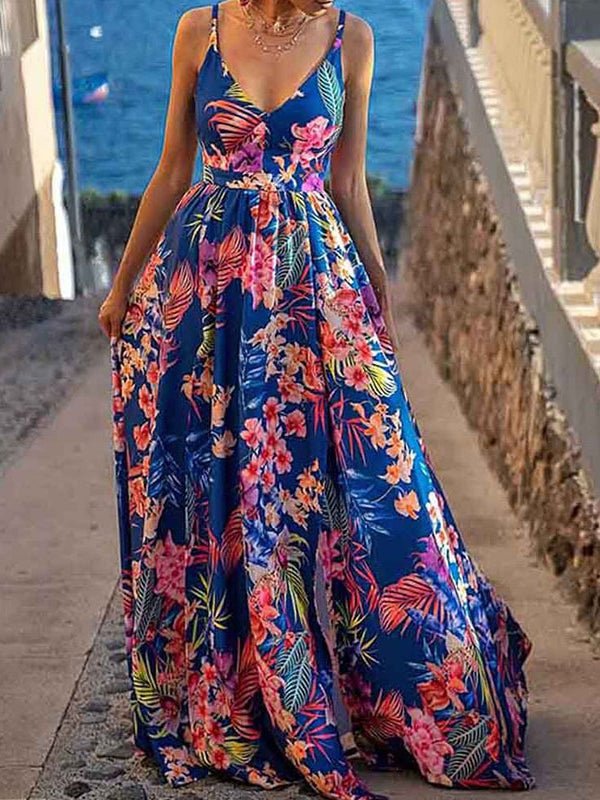 Women's Dresses V-Neck Suspender Print Slit Dress - Maxi Dresses - Instastyled | Online Fashion Free Shipping Clothing, Dresses, Tops, Shoes - 11/05/2022 - 30-40 - color-blue