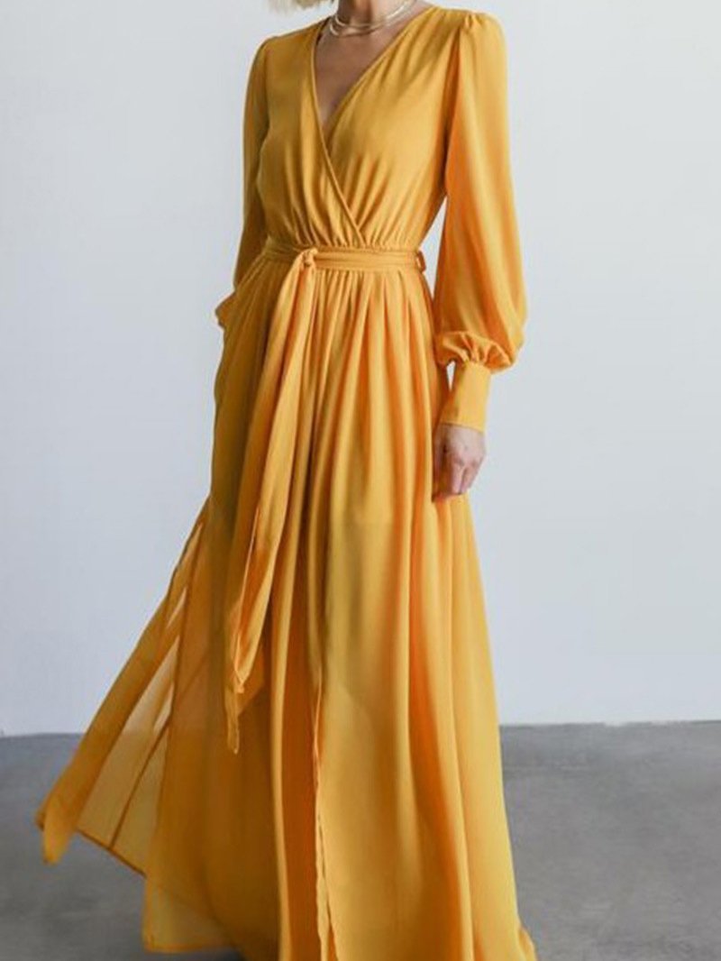 Women's Dresses V-Neck Temperament Long Sleeve Slit Dress - Maxi Dresses - INS | Online Fashion Free Shipping Clothing, Dresses, Tops, Shoes - 13/10/2021 - 40-50 - color-green