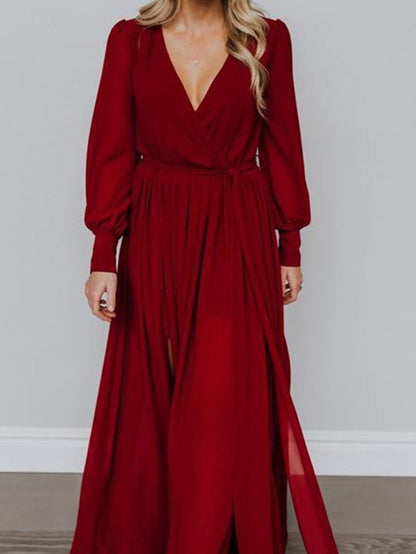 Women's Dresses V-Neck Temperament Long Sleeve Slit Dress - Maxi Dresses - INS | Online Fashion Free Shipping Clothing, Dresses, Tops, Shoes - 13/10/2021 - 40-50 - color-green