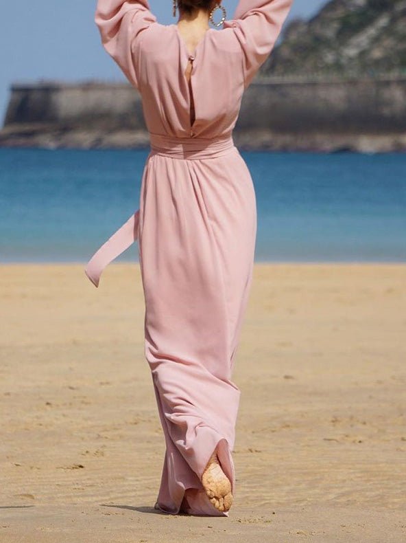 Women's Dresses V-Neck Tie Balloon Sleeve Dress - Maxi Dresses - Instastyled | Online Fashion Free Shipping Clothing, Dresses, Tops, Shoes - 23/08/2022 - color-pink - Color_Pink