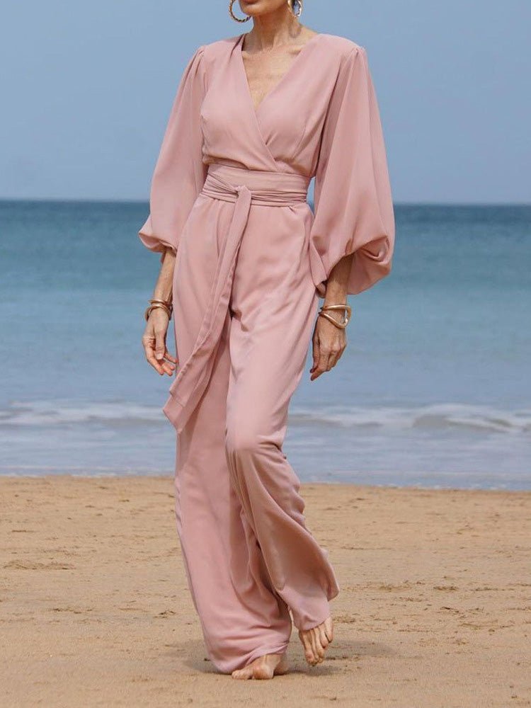 Women's Dresses V-Neck Tie Balloon Sleeve Dress - Maxi Dresses - Instastyled | Online Fashion Free Shipping Clothing, Dresses, Tops, Shoes - 23/08/2022 - color-pink - Color_Pink