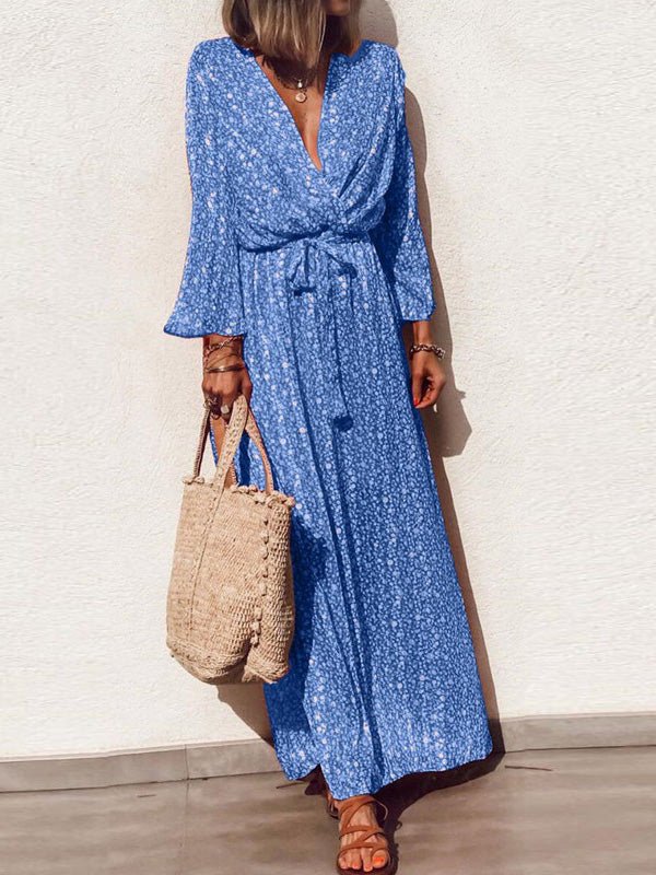 Women's Dresses V-Neck Tie Long Sleeve Print Dress - Maxi Dresses - Instastyled | Online Fashion Free Shipping Clothing, Dresses, Tops, Shoes - 09/07/2022 - 40-50 - color-blue