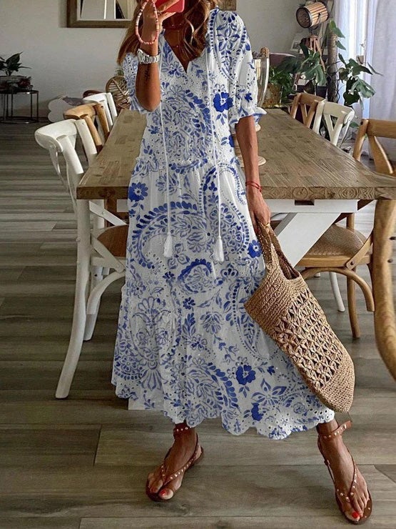 Women's Dresses V-Neck Vintage Print Dropped Short Sleeve Dress - Maxi Dresses - Instastyled | Online Fashion Free Shipping Clothing, Dresses, Tops, Shoes - 14/01/2022 - 40-50 - color-blue