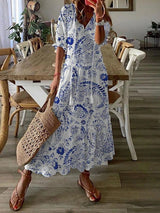 Women's Dresses V-Neck Vintage Print Dropped Short Sleeve Dress - Maxi Dresses - Instastyled | Online Fashion Free Shipping Clothing, Dresses, Tops, Shoes - 14/01/2022 - 40-50 - color-blue