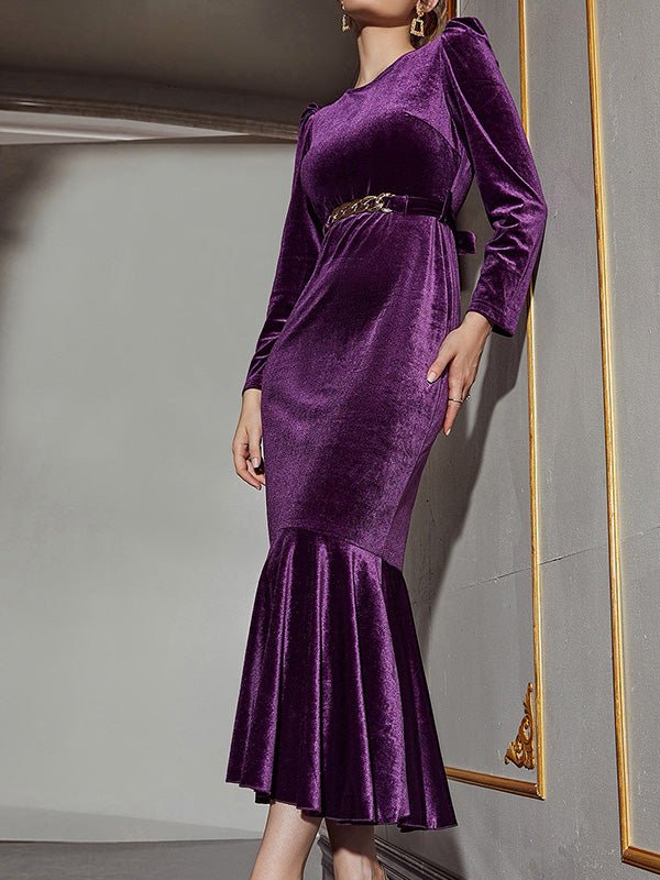 Women's Dresses Velvet Belt Long Sleeve Ruffle Dress - Maxi Dresses - Instastyled | Online Fashion Free Shipping Clothing, Dresses, Tops, Shoes - 06/09/2022 - Color_Purple - DRE2209065359