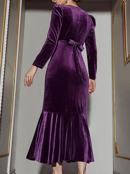 Women's Dresses Velvet Belt Long Sleeve Ruffle Dress - Maxi Dresses - Instastyled | Online Fashion Free Shipping Clothing, Dresses, Tops, Shoes - 06/09/2022 - Color_Purple - DRE2209065359