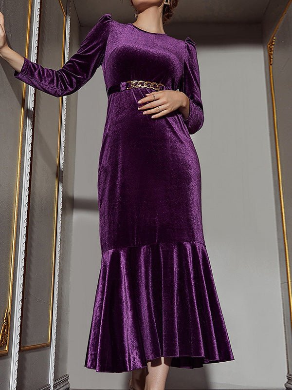 Women's Dresses Velvet Belt Long Sleeve Ruffle Dress - Maxi Dresses - Instastyled | Online Fashion Free Shipping Clothing, Dresses, Tops, Shoes - 06/09/2022 - Color_Purple - DRE2209065359