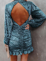 Women's Dresses Velvet Burnt Flower Ruffled Irregular Long Sleeve Dress - Mini Dresses - Instastyled | Online Fashion Free Shipping Clothing, Dresses, Tops, Shoes - 22/12/2021 - 40-50 - color-blue