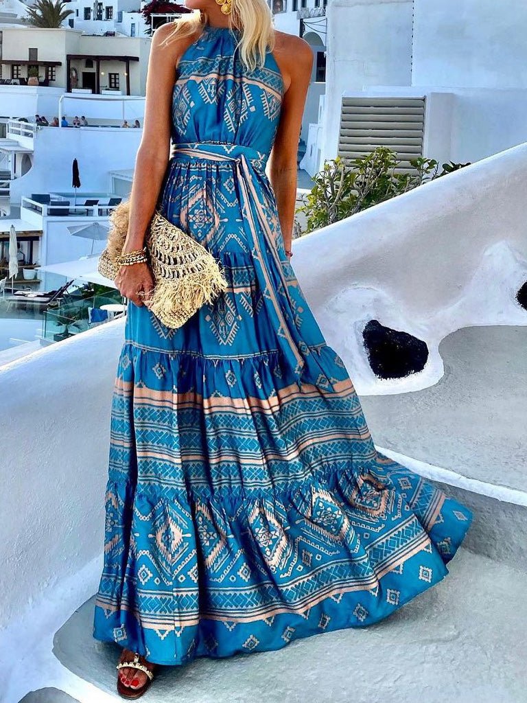 Women's Dresses Vintage Print Halter Belted Dress - Maxi Dresses - Instastyled | Online Fashion Free Shipping Clothing, Dresses, Tops, Shoes - 17/02/2022 - 40-50 - color-blue