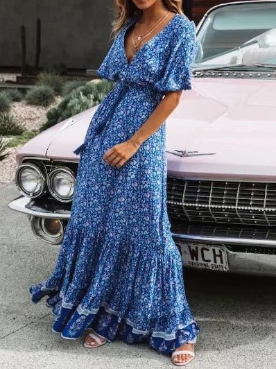 Women's Dresses Vintage Print V-Neck Belted Dress - Maxi Dresses - Instastyled | Online Fashion Free Shipping Clothing, Dresses, Tops, Shoes - 14/02/2022 - 40-50 - color-blue