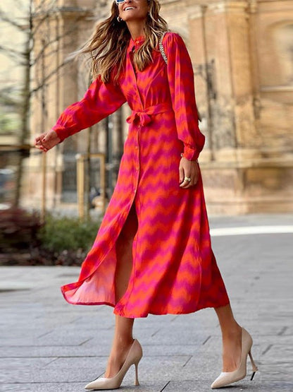 Women's Dresses Wavy Print Lace-Up Long Sleeve Shirt Dress - Maxi Dresses - Instastyled | Online Fashion Free Shipping Clothing, Dresses, Tops, Shoes - 14/07/2022 - 30-40 - color-red