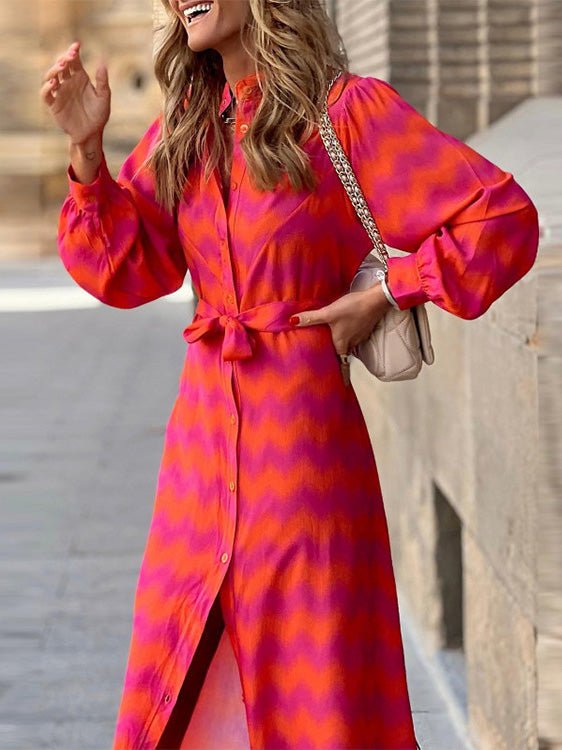 Women's Dresses Wavy Print Lace-Up Long Sleeve Shirt Dress - Maxi Dresses - Instastyled | Online Fashion Free Shipping Clothing, Dresses, Tops, Shoes - 14/07/2022 - 30-40 - color-red