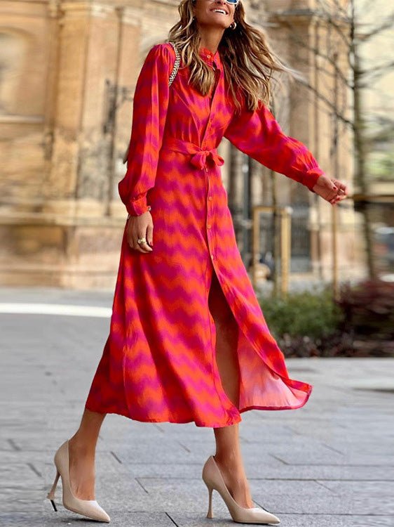 Women's Dresses Wavy Print Lace-Up Long Sleeve Shirt Dress - Maxi Dresses - Instastyled | Online Fashion Free Shipping Clothing, Dresses, Tops, Shoes - 14/07/2022 - 30-40 - color-red