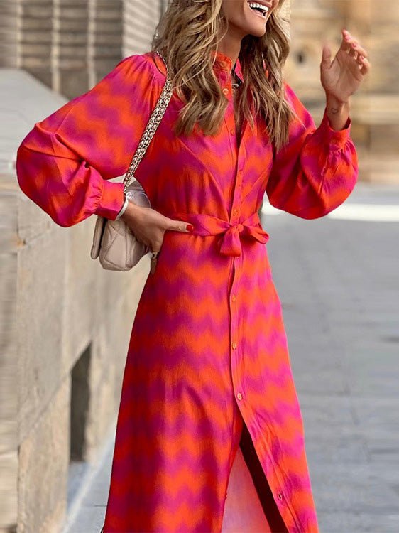 Women's Dresses Wavy Print Lace-Up Long Sleeve Shirt Dress - Maxi Dresses - Instastyled | Online Fashion Free Shipping Clothing, Dresses, Tops, Shoes - 14/07/2022 - 30-40 - color-red