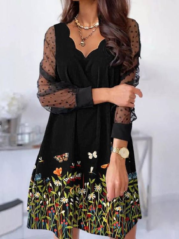 Women's Dresses Wavy V-Neck Lace Long Sleeve Dress - Midi Dresses - Instastyled | Online Fashion Free Shipping Clothing, Dresses, Tops, Shoes - 04/03/2022 - 30-40 - color-black