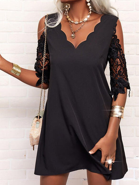 Women's Dresses Wavy V-Neck Lace Off-Shoulder Dress - Mini Dresses - Instastyled | Online Fashion Free Shipping Clothing, Dresses, Tops, Shoes - 23/02/2022 - 30-40 - color-black