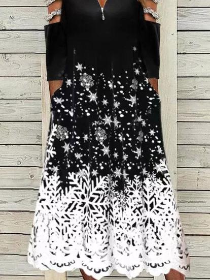 Women's Dresses Zip V-Neck Off-The-Shoulder Snowflake Printed Dress - Midi Dresses - INS | Online Fashion Free Shipping Clothing, Dresses, Tops, Shoes - 20-30 - 26/10/2021 - color-black