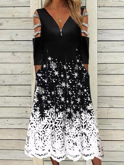 Women's Dresses Zip V-Neck Off-The-Shoulder Snowflake Printed Dress - Midi Dresses - INS | Online Fashion Free Shipping Clothing, Dresses, Tops, Shoes - 20-30 - 26/10/2021 - color-black