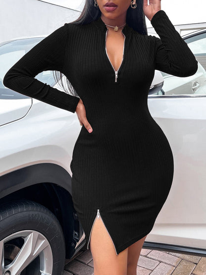 Women's Dresses Zip V-Neck Slit Long Sleeve Dress - Mini Dresses - Instastyled | Online Fashion Free Shipping Clothing, Dresses, Tops, Shoes - 29/08/2022 - Bodycon Dresses - Color_Black