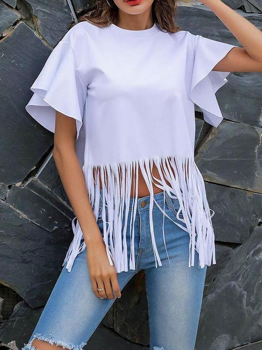 Women's Falbala Pure Color Top with Tassels - T-Shirts - INS | Online Fashion Free Shipping Clothing, Dresses, Tops, Shoes - Black - Color_Black - Color_White