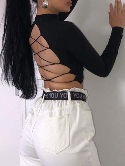 Women's Hollowout Lace-up Slim Fit T-shirt - T-Shirts - INS | Online Fashion Free Shipping Clothing, Dresses, Tops, Shoes - Black - Color_Black - hide