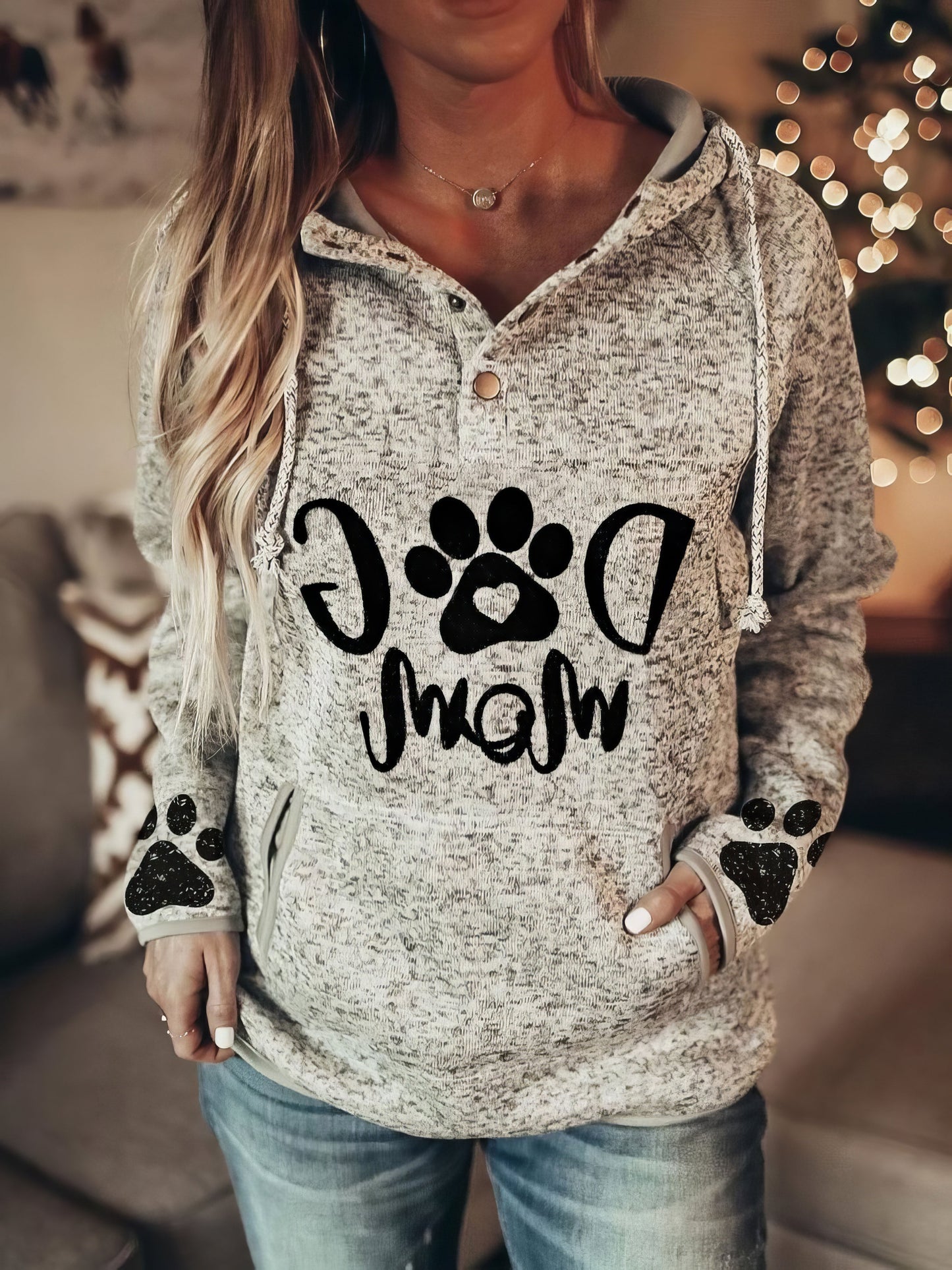 Women's Hoodies Dog Paw Print Pullover Button Hoodie