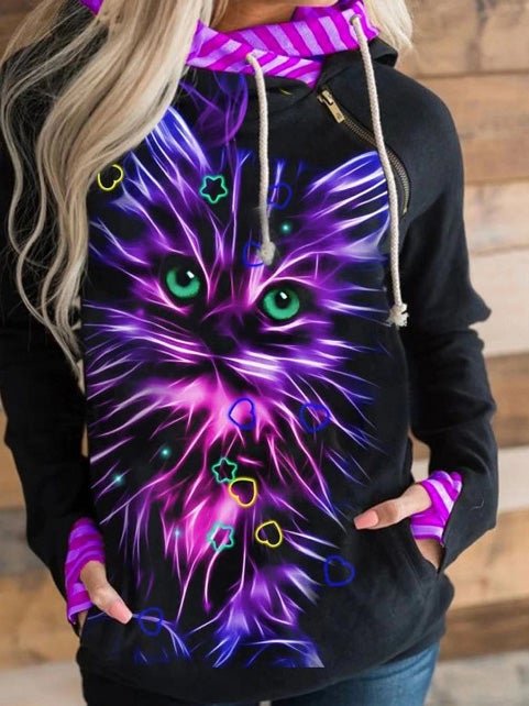 Women's Hoodies Cat Print Zip Pocket Long Sleeve Hoodie - Hoodies - Instastyled | Online Fashion Free Shipping Clothing, Dresses, Tops, Shoes - 17/12/2021 - 30-40 - color-black