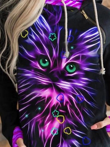 Women's Hoodies Cat Print Zip Pocket Long Sleeve Hoodie - Hoodies - Instastyled | Online Fashion Free Shipping Clothing, Dresses, Tops, Shoes - 17/12/2021 - 30-40 - color-black