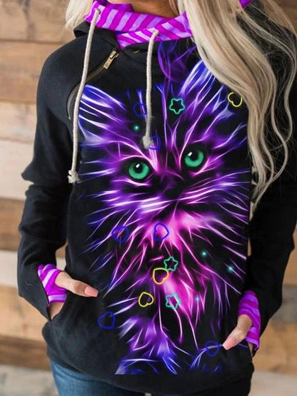 Women's Hoodies Cat Print Zip Pocket Long Sleeve Hoodie - Hoodies - Instastyled | Online Fashion Free Shipping Clothing, Dresses, Tops, Shoes - 17/12/2021 - 30-40 - color-black