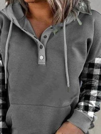 Women's Hoodies Check Drawstring Button Pocket Hoody - Hoodies - INS | Online Fashion Free Shipping Clothing, Dresses, Tops, Shoes - 20-30 - 23/10/2021 - color-gray