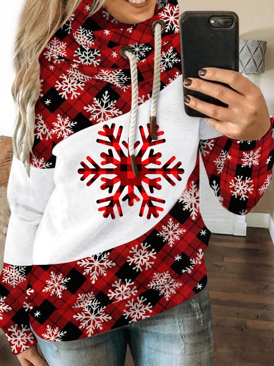 Women's Hoodies Christmas Snowflake Check Drawstring Long Sleeve Hoodie - Hoodies - INS | Online Fashion Free Shipping Clothing, Dresses, Tops, Shoes - 1/11/2021 - 20-30 - color-red