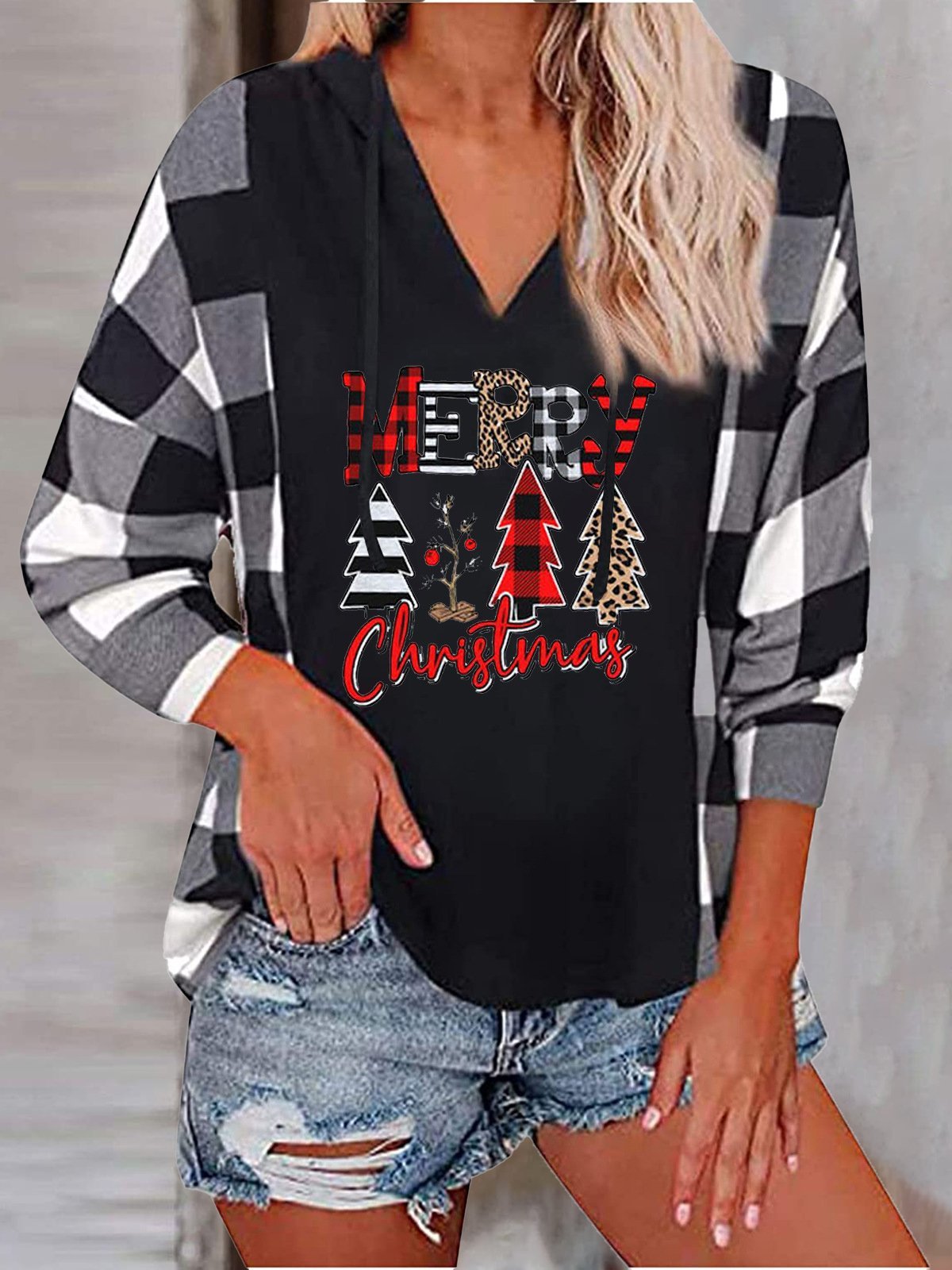 Women's Hoodies Christmas Tree Plaid Long Sleeve Hoodie - Hoodies - INS | Online Fashion Free Shipping Clothing, Dresses, Tops, Shoes - 03/11/2021 - 20-30 - color-blue