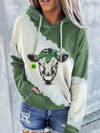 Hoodies - Cow Print Pocket Long Sleeve Hoody - MsDressly