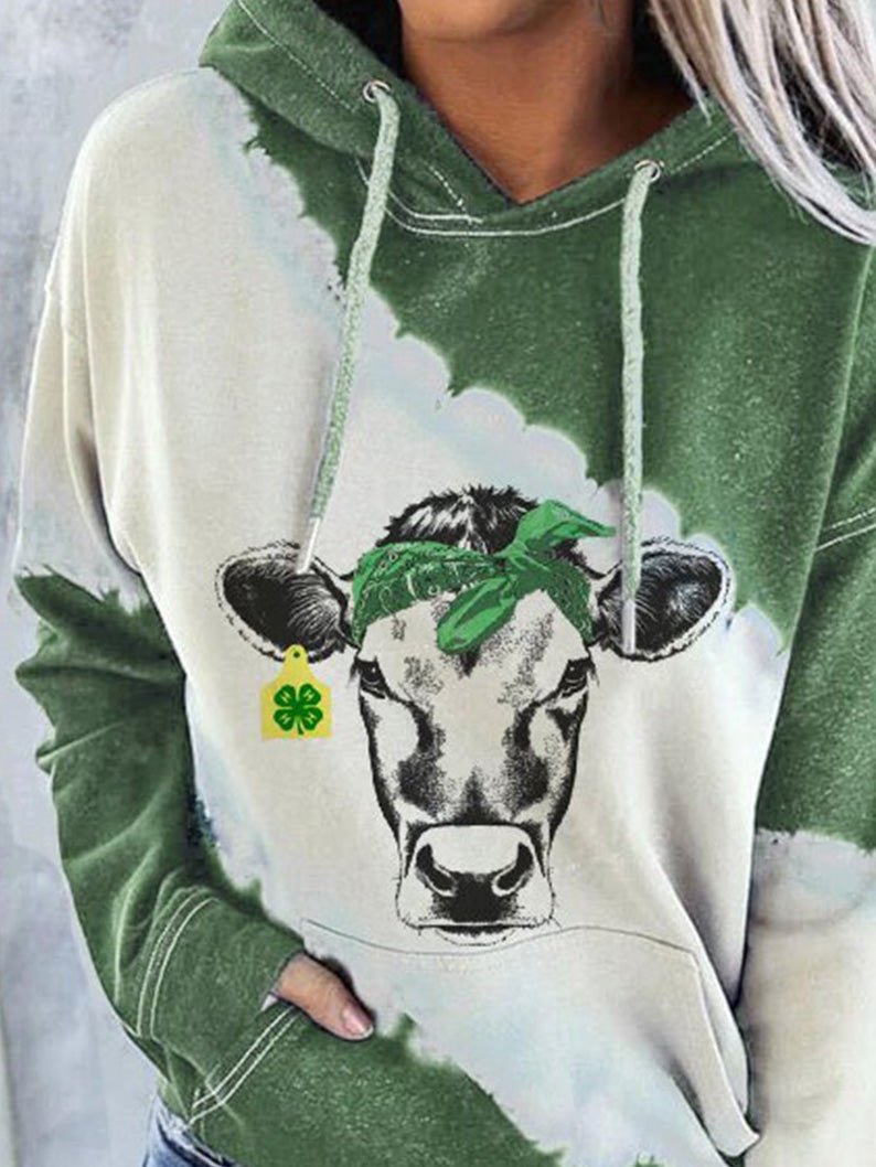 Hoodies - Cow Print Pocket Long Sleeve Hoody - MsDressly