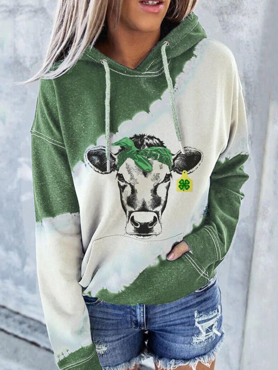 Hoodies - Cow Print Pocket Long Sleeve Hoody - MsDressly