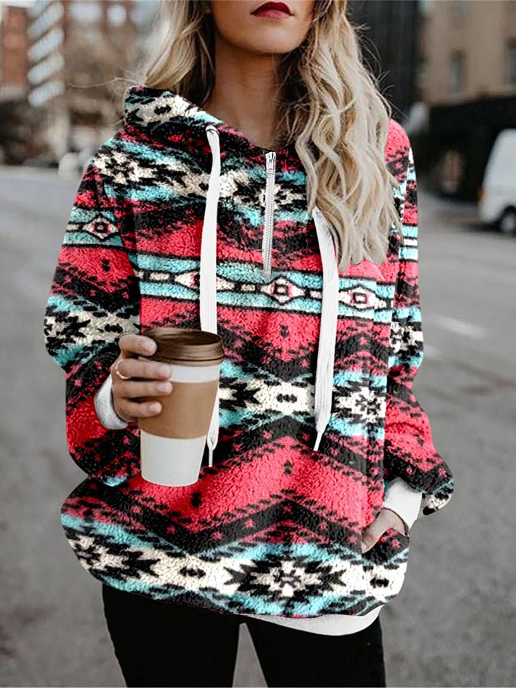Women's Hoodies Flannel Ethnic Print Long Sleeve Hoodie - Hoodies - Instastyled | Online Fashion Free Shipping Clothing, Dresses, Tops, Shoes - 30-40 - 7/12/2022 - Burgundy