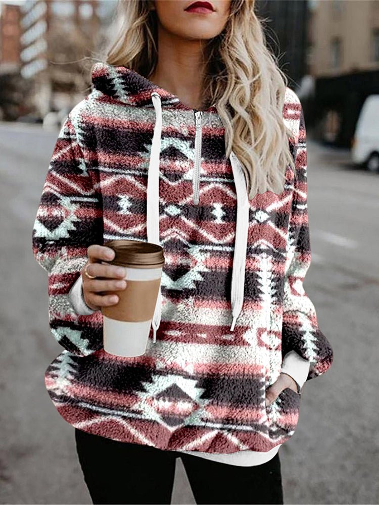 Women's Hoodies Flannel Ethnic Print Long Sleeve Hoodie - Hoodies - Instastyled | Online Fashion Free Shipping Clothing, Dresses, Tops, Shoes - 30-40 - 7/12/2022 - Burgundy