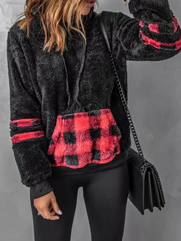 Women's Hoodies Furry Check Pocket Drawstring Hoody - Hoodies - INS | Online Fashion Free Shipping Clothing, Dresses, Tops, Shoes - 10/11/2021 - 30-40 - color-black