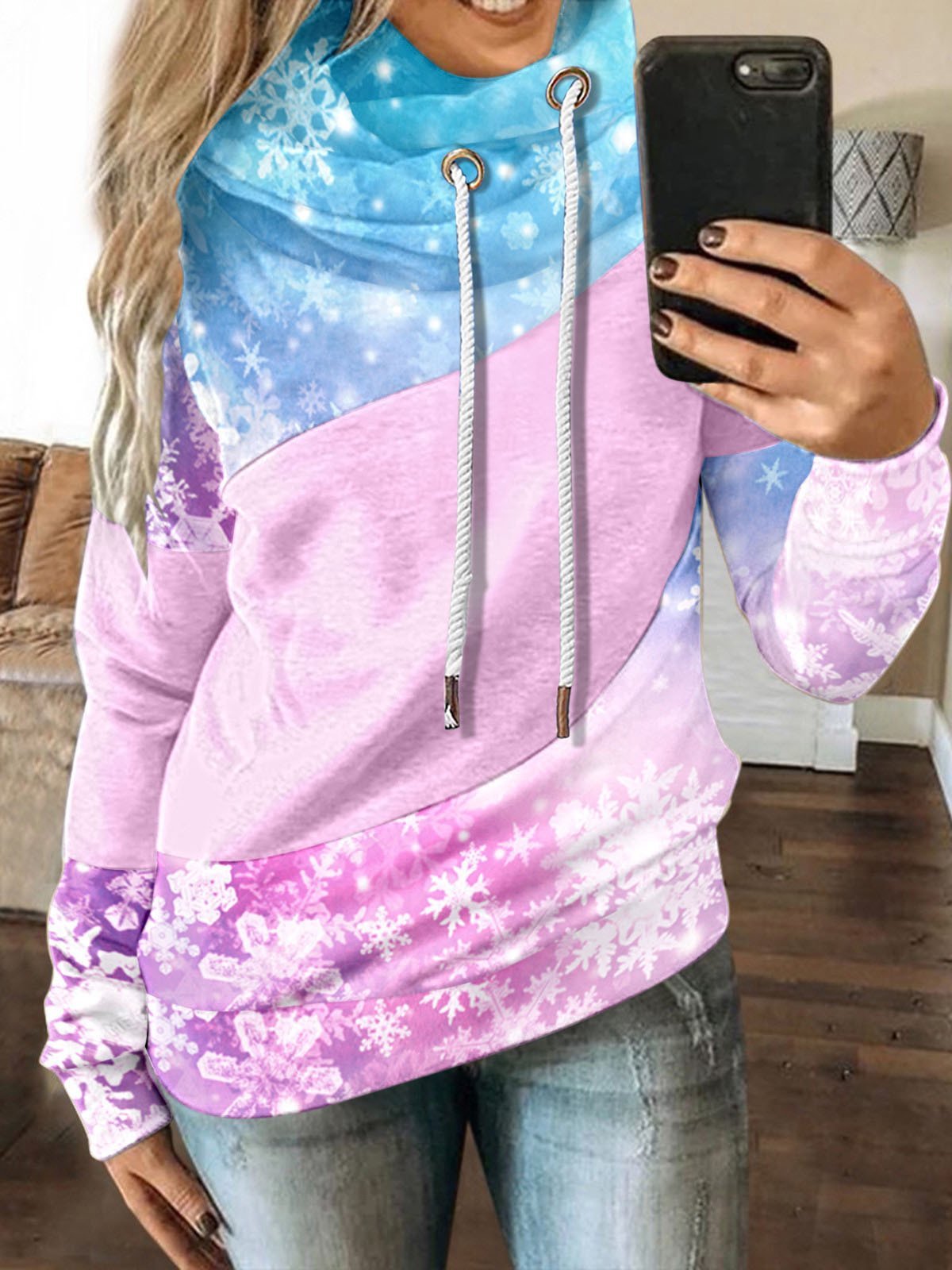 Women's Hoodies Gradient Snowflake Drawstring Long Sleeve Hoody - Hoodies - INS | Online Fashion Free Shipping Clothing, Dresses, Tops, Shoes - 05/11/2021 - 20-30 - color-blue