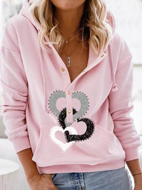 Women's Hoodies Heart Button Drawstring Long Sleeve Hoodie - Hoodies - INS | Online Fashion Free Shipping Clothing, Dresses, Tops, Shoes - 20-30 - 26/10/2021 - color-pink