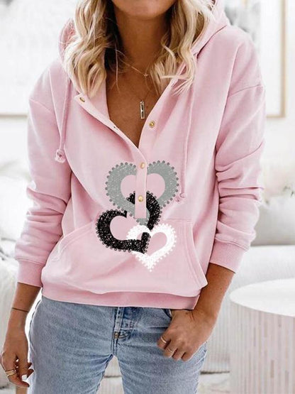 Women's Hoodies Heart Button Drawstring Long Sleeve Hoodie - Hoodies - INS | Online Fashion Free Shipping Clothing, Dresses, Tops, Shoes - 20-30 - 26/10/2021 - color-pink