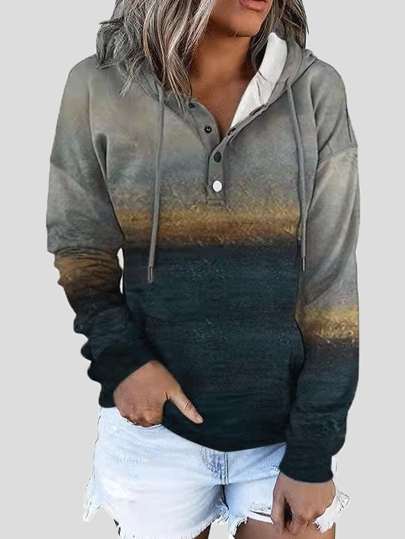Women's Hoodies Landscape Drawstring Button Pocket Hoodie - Hoodies - INS | Online Fashion Free Shipping Clothing, Dresses, Tops, Shoes - 12/10/2021 - 20-30 - color-gray