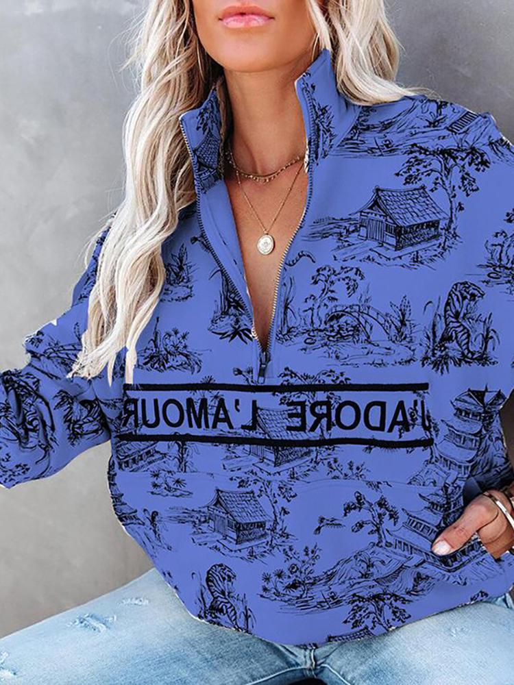 Women's Hoodies Landscape Letter Zipper Long Sleeve Hoodie - Hoodies - INS | Online Fashion Free Shipping Clothing, Dresses, Tops, Shoes - 19/10/2021 - color-blue - color-brick_red