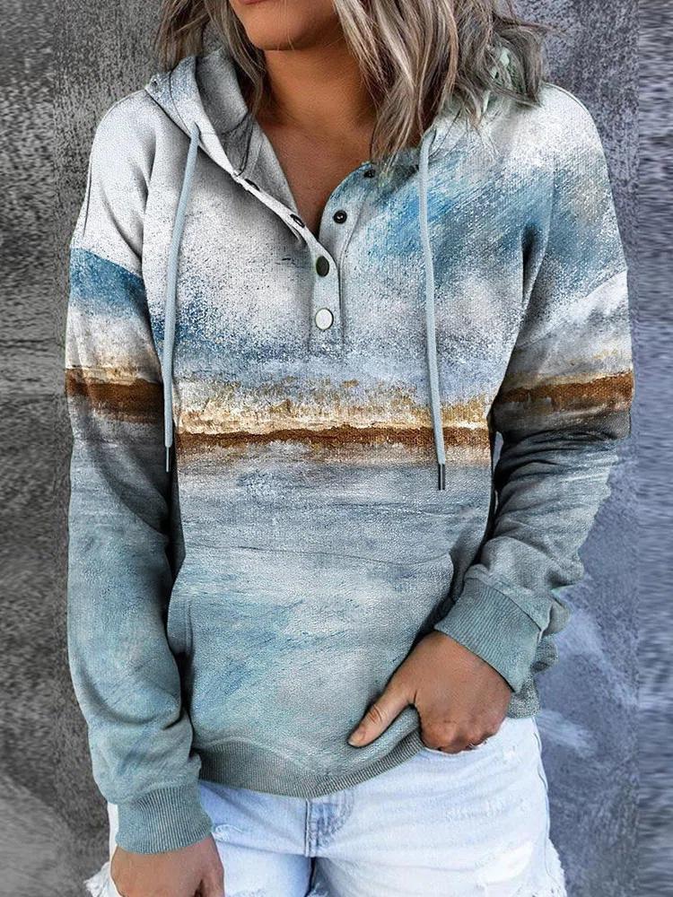 Women's Hoodies Landscape Print Button Drawstring Hoodie - Hoodies - INS | Online Fashion Free Shipping Clothing, Dresses, Tops, Shoes - 20-30 - 24/08/2021 - Category_Hoodies