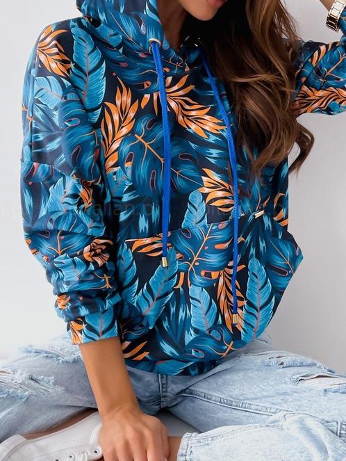 Women's Hoodies Leaf Print Pocket Drawstring Long Sleeve Hoodie - Hoodies - INS | Online Fashion Free Shipping Clothing, Dresses, Tops, Shoes - 09/11/2021 - 20-30 - color-blue