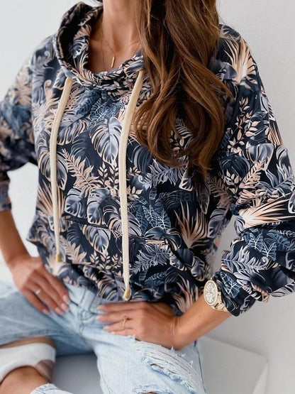 Women's Hoodies Leaf Print Pocket Drawstring Long Sleeve Hoodie - Hoodies - INS | Online Fashion Free Shipping Clothing, Dresses, Tops, Shoes - 09/11/2021 - 20-30 - color-blue