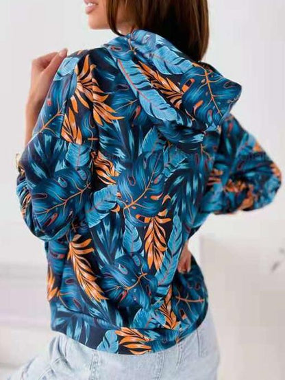 Women's Hoodies Leaf Print Pocket Drawstring Long Sleeve Hoodie - Hoodies - INS | Online Fashion Free Shipping Clothing, Dresses, Tops, Shoes - 09/11/2021 - 20-30 - color-blue